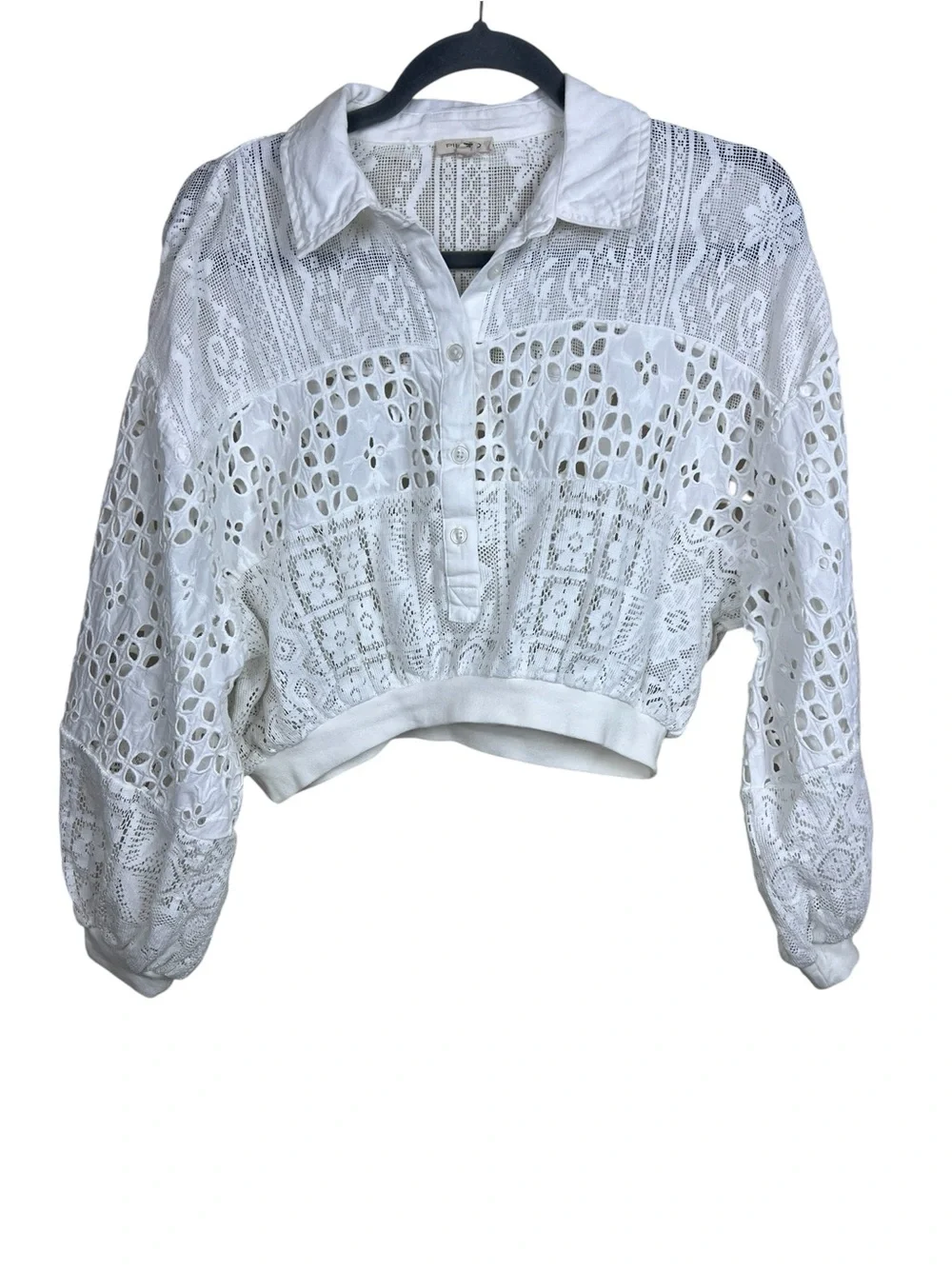 PILCRO by ANTHROPOLOGIE Women’s Size S White Cutwork Bubble-Sleeve Cropped Shirt